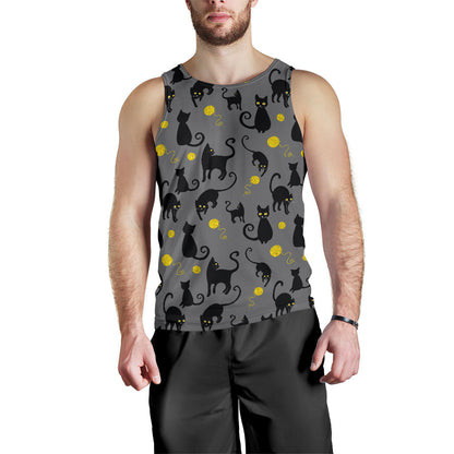 Black Cat Yellow Yarn Print Pattern Men Tank Top