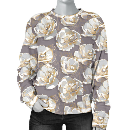 Elegant Grey Flower Print Women Long Sleeve Sweatshirt