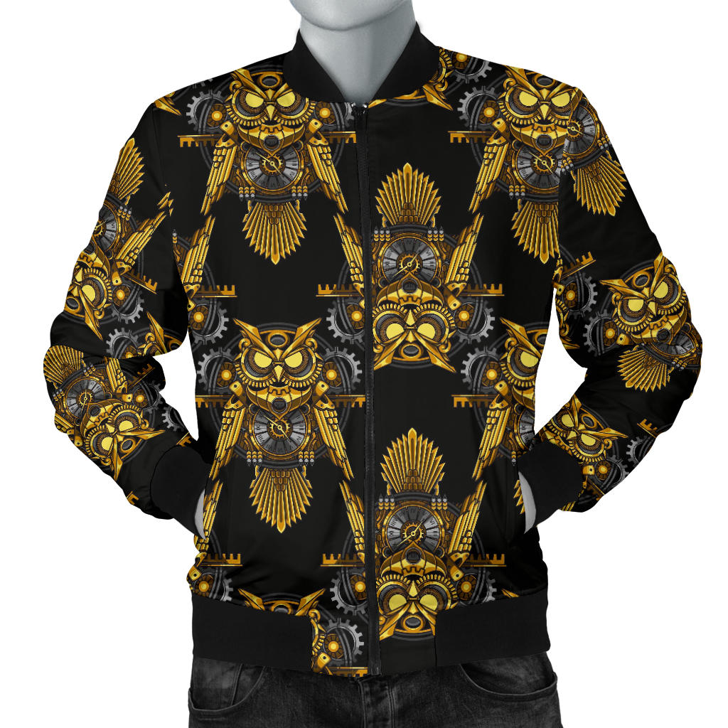 Steampunk Gold Owl Design Themed Print Men Bomber Jacket