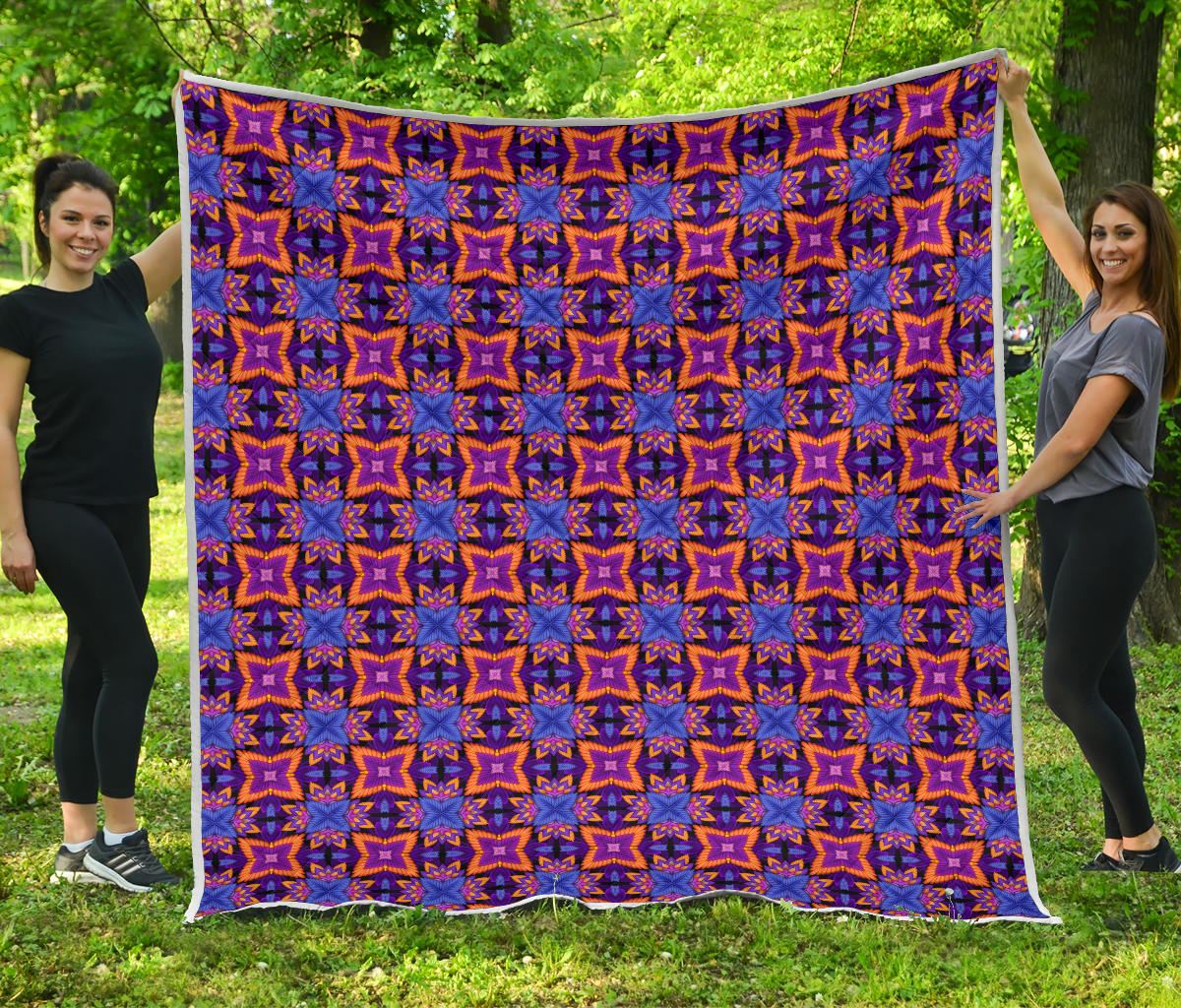 kaleidoscope Purple Orange Print Design Quilt Bedspread