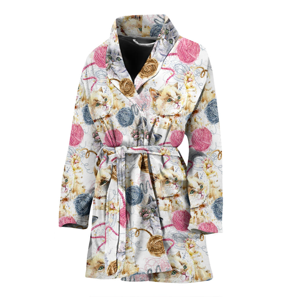 Cat Playing Yarn Pattern Print Design 07 Women Bathrobe