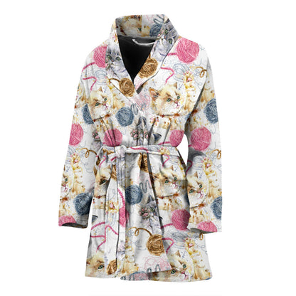 Cat Playing Yarn Pattern Print Design 07 Women Bathrobe