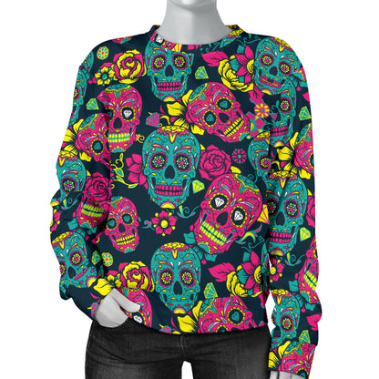 Sugar Skull Floral Design Themed Print Women Long Sleeve Sweatshirt