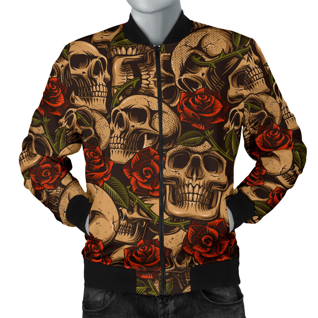 Skull Roses Vintage Design Themed Print Men Bomber Jacket