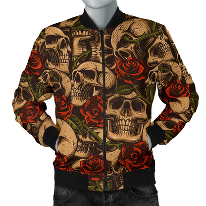 Skull Roses Vintage Design Themed Print Men Bomber Jacket