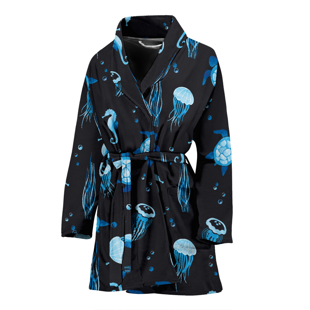 Sea Turtle Jelly Fish Sea Horse Print Design LKS3014 Women Bathrobe