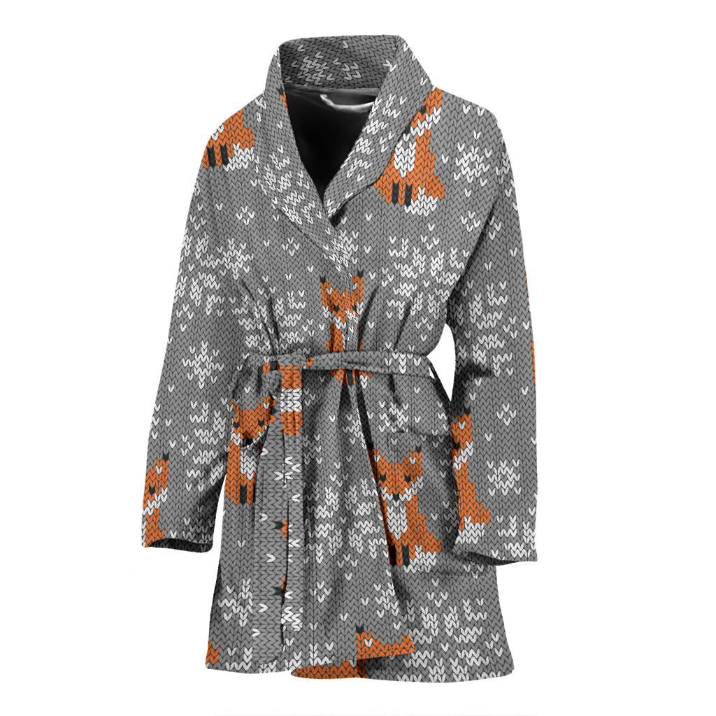 Knit Red Fox Pattern Print Design 02 Women Bathrobe