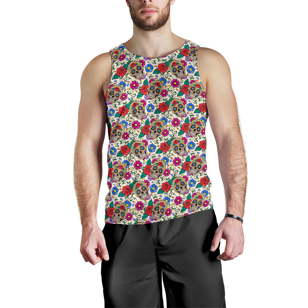 Sugar Skull Colorful Themed Print Men Tank Top