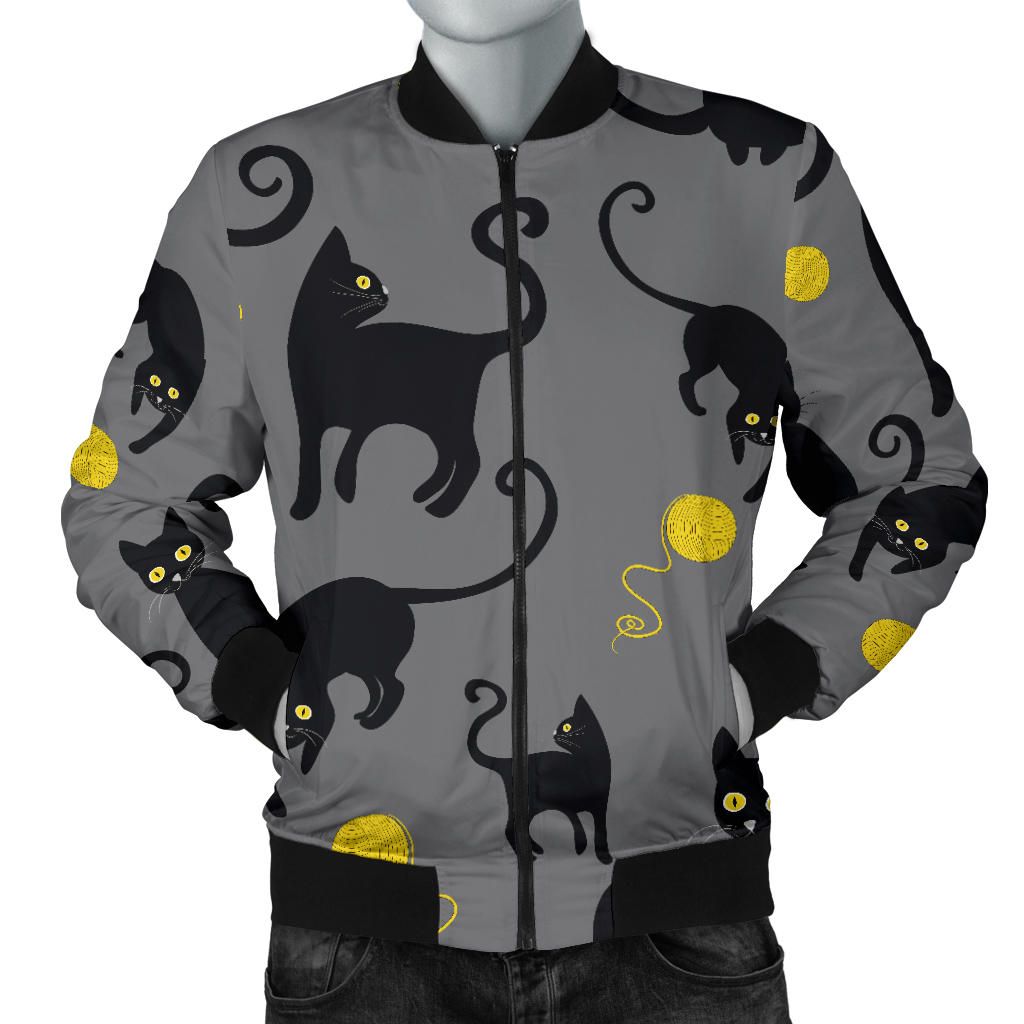 Black Cat Yellow Yarn Print Pattern Men Bomber Jacket