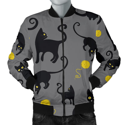 Black Cat Yellow Yarn Print Pattern Men Bomber Jacket