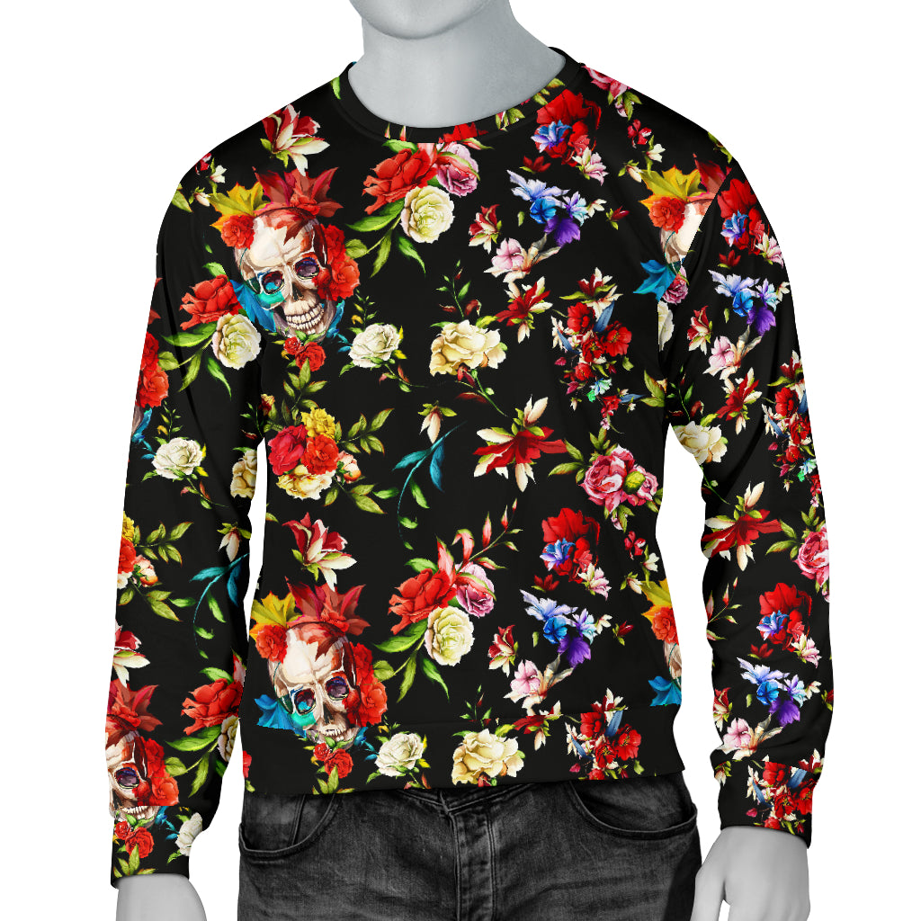 Skull Roses Flower Design Themed Print Men Long Sleeve Sweatshirt