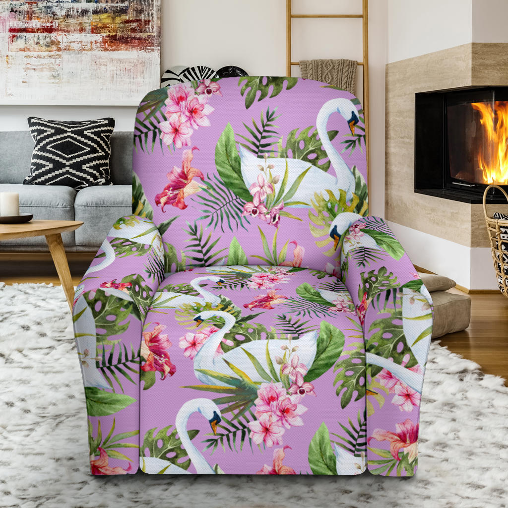 Swan with Flower Pattern Print Design 01 Recliner Slipcover with Pocket