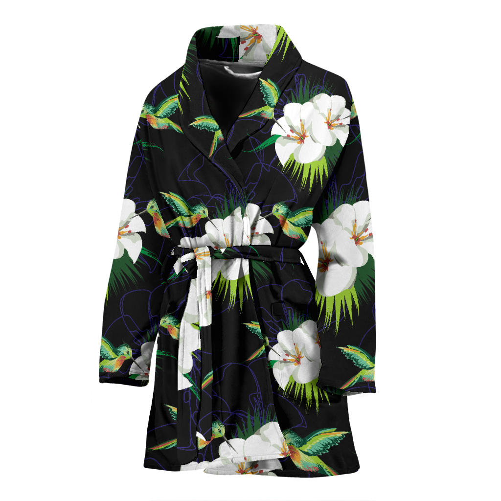 Hummingbird with Flower Pattern Print Design 03 Women Bathrobe