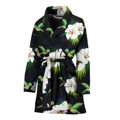 Hummingbird with Flower Pattern Print Design 03 Women Bathrobe