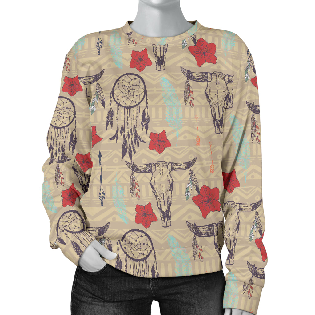 Native Buffalo Head Themed Design Print Women Long Sleeve Sweatshirt