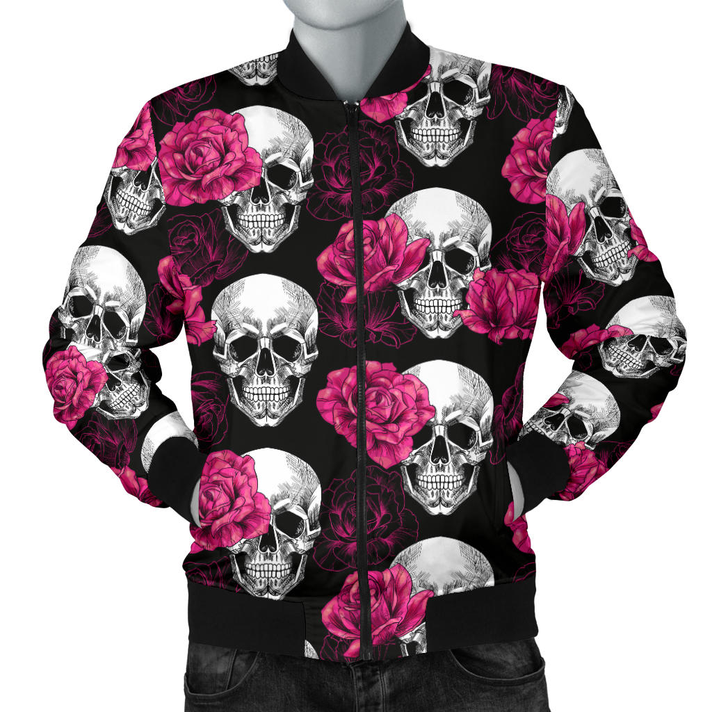 Pink Rose Skull Themed Print Men Bomber Jacket