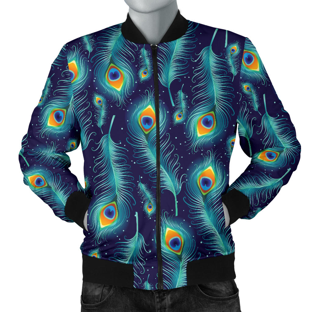Peacock Feather Blue Design Print Men Bomber Jacket