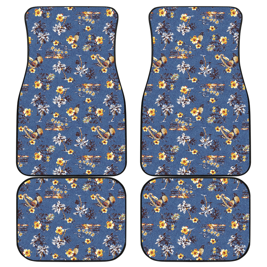Hawaiian Flower Blue Print Car Floor Mats Front Back