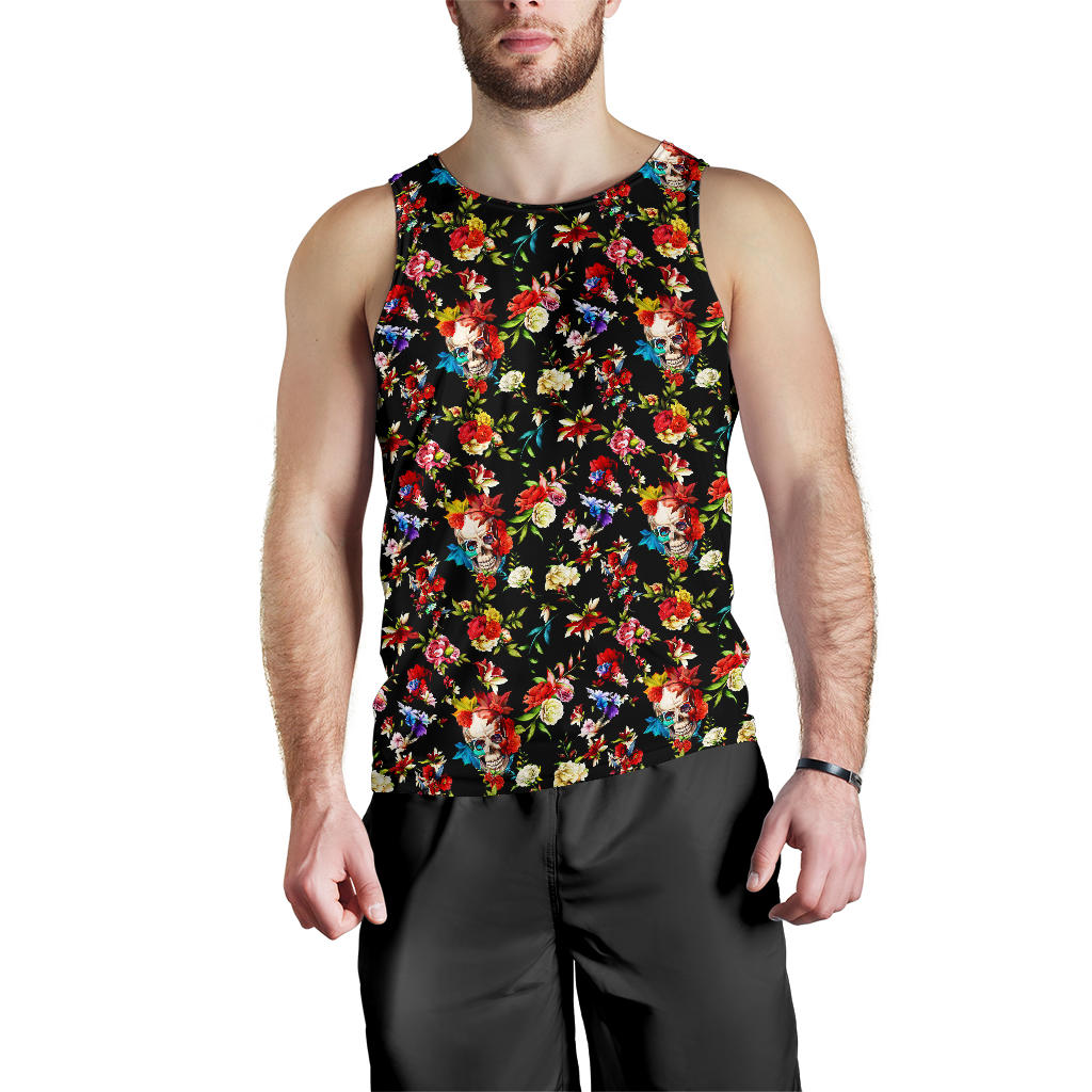 Skull Roses Flower Design Themed Print Men Tank Top