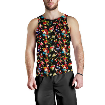 Skull Roses Flower Design Themed Print Men Tank Top