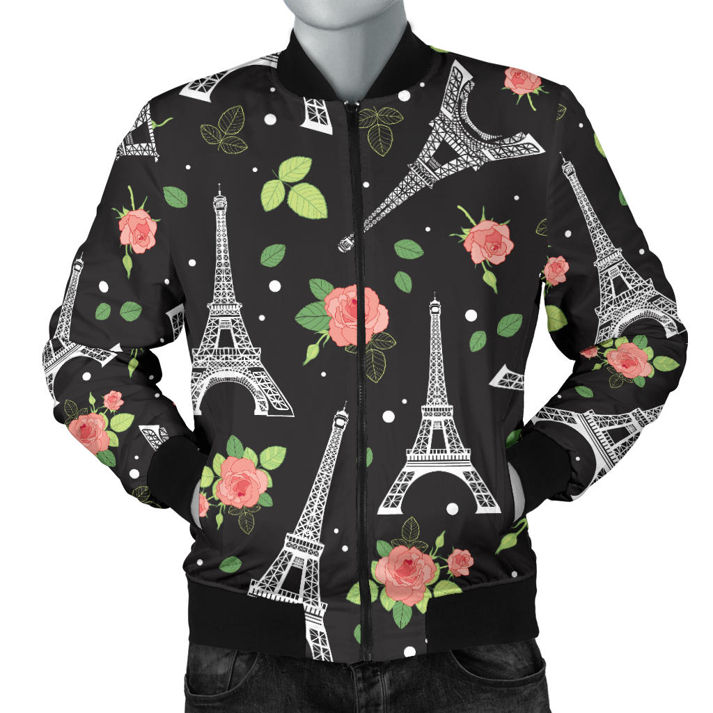 Eiffel Tower Rose Print Men Bomber Jacket