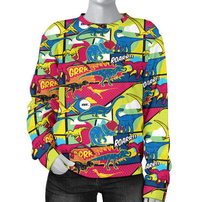 Dinosaur Comic Pop Art Style Women Long Sleeve Sweatshirt