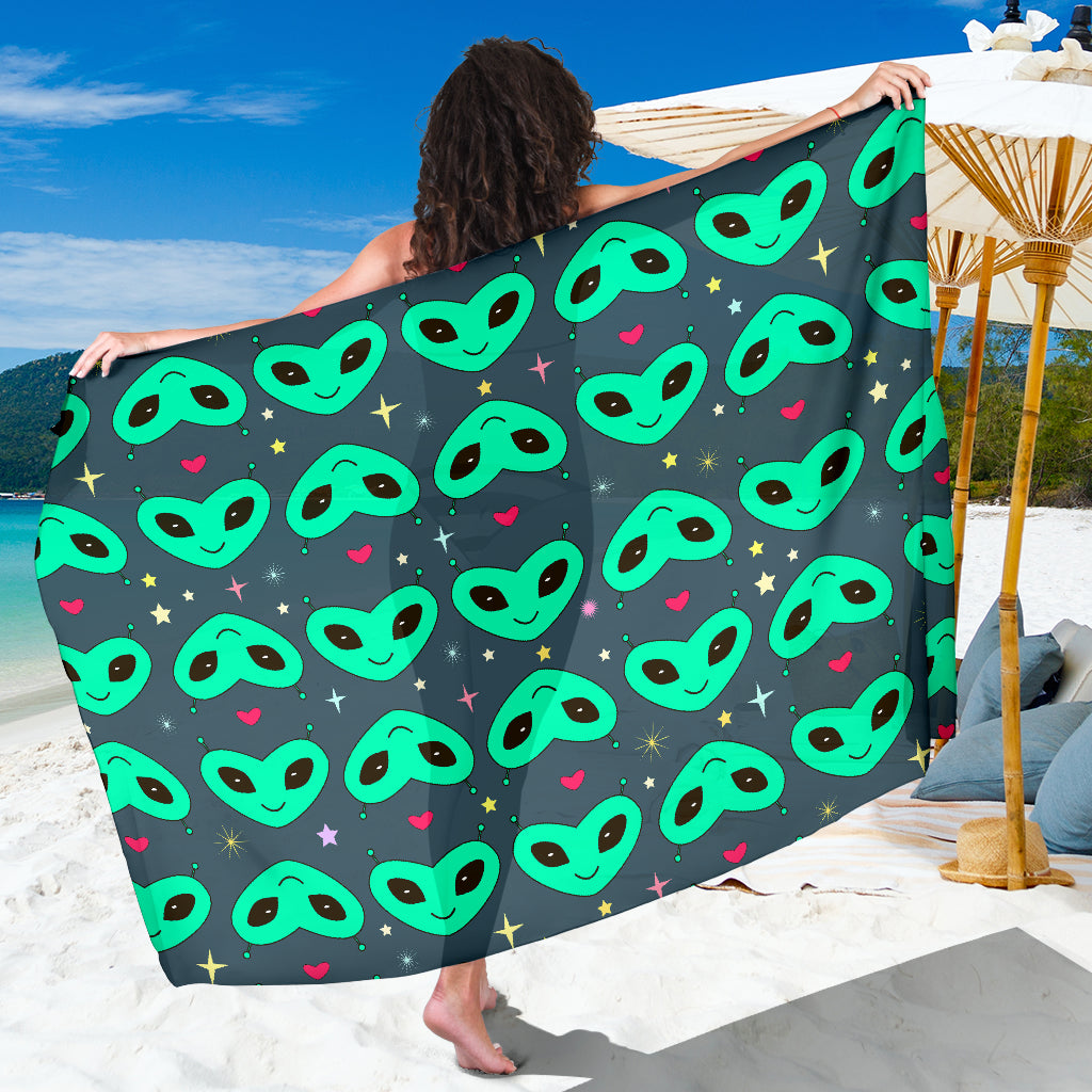 Alien Head Heart Pattern Print Design 03 Sarong Pareo Wrap