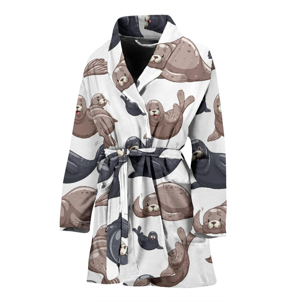 Sea Lion Pattern Print Design 02 Women Bathrobe