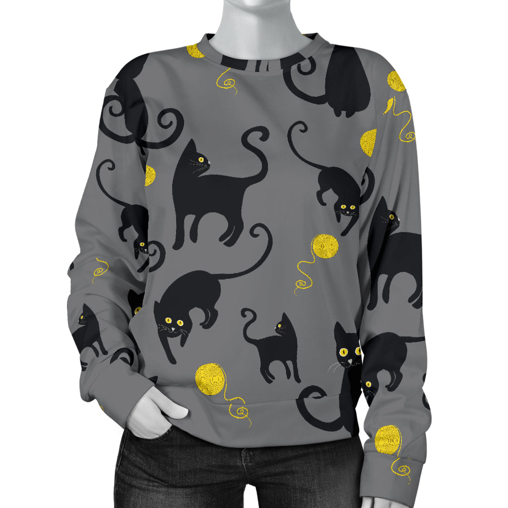 Black Cat Yellow Yarn Print Pattern Women Long Sleeve Sweatshirt
