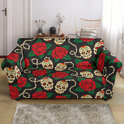 Sugar Skull Red Rose Print Design LKS301 Loveseat Couch Slipcover