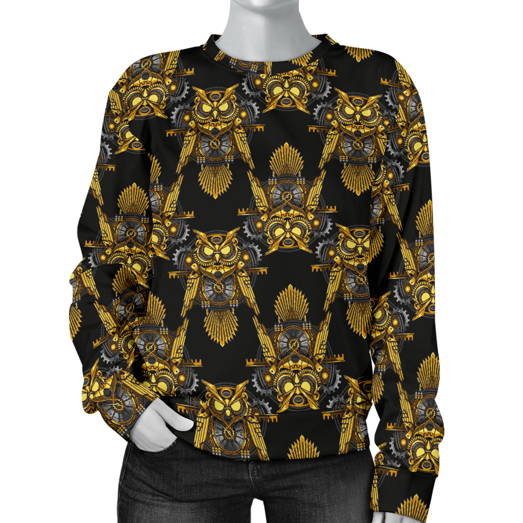 Steampunk Gold Owl Design Themed Print Women Long Sleeve Sweatshirt