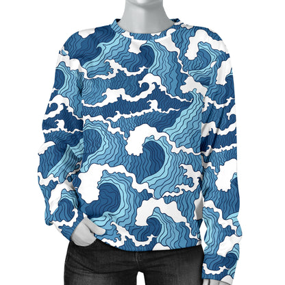 Wave Themed Pattern Print Women Long Sleeve Sweatshirt