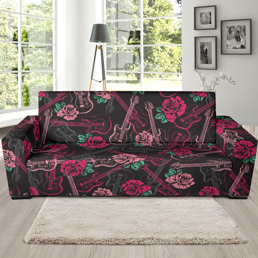 Bass Guitar Pink Rose Pattern Print Design 01 Sofa Slipcover