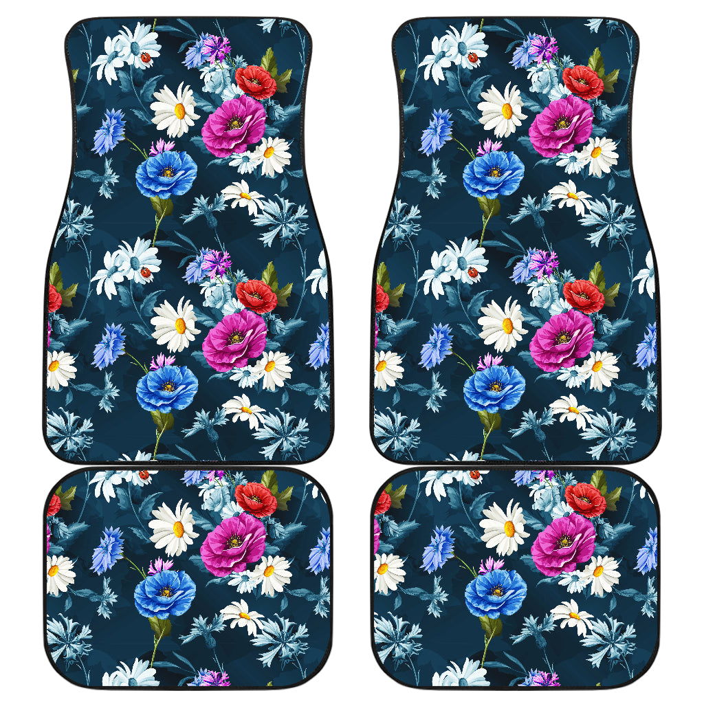 Floral Blue Themed Print Car Floor Mats Front Back