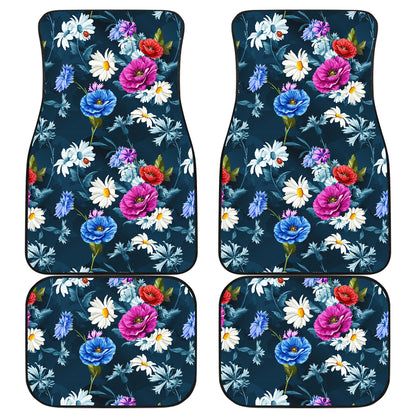 Floral Blue Themed Print Car Floor Mats Front Back