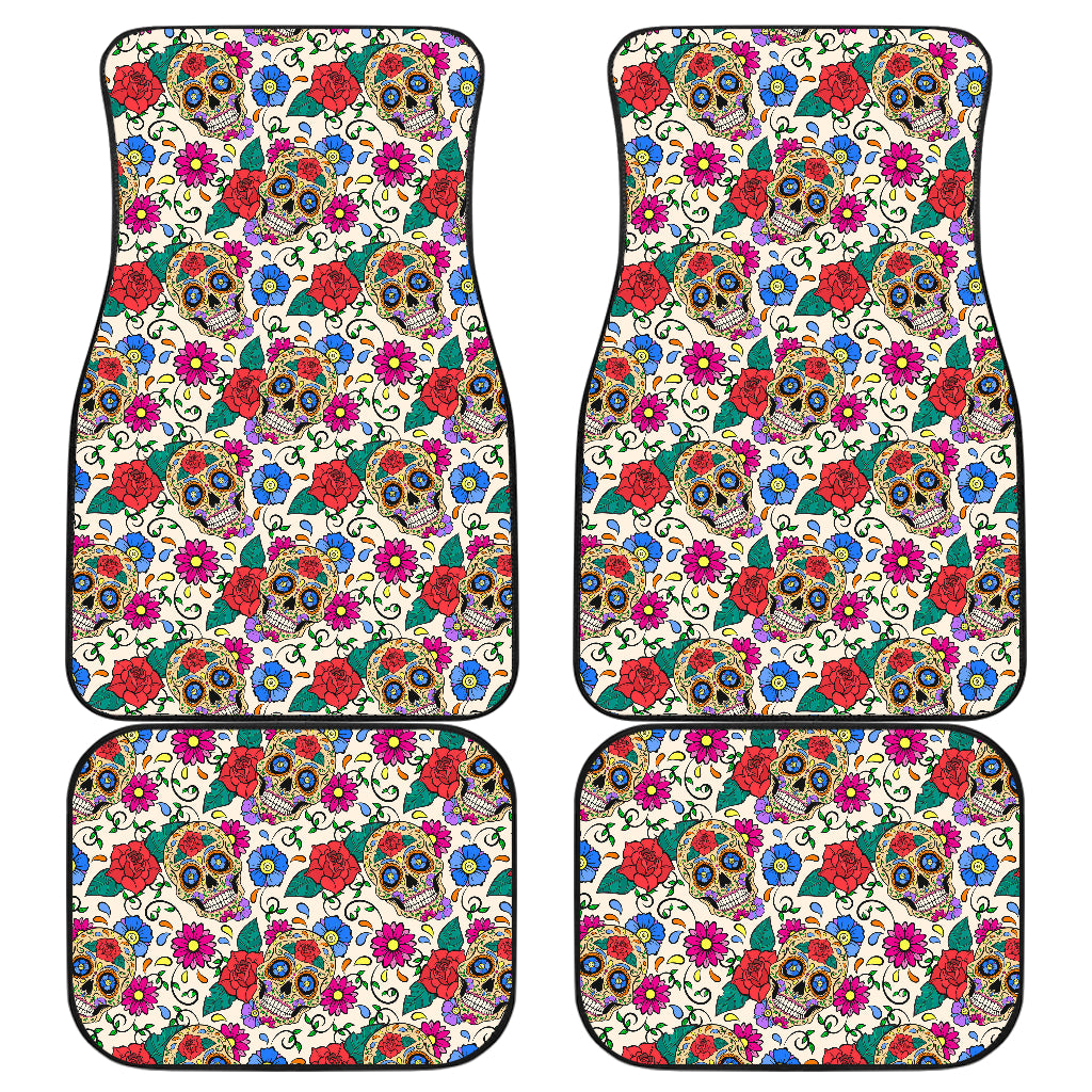 Sugar Skull Colorful Themed Print Car Floor Mats Front Back