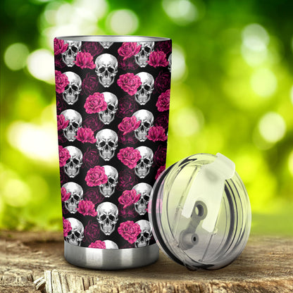 Pink Rose Skull Themed Print Tumbler