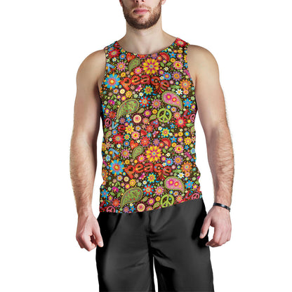 Flower Power Peace Paisley Themed Print Men Tank Top