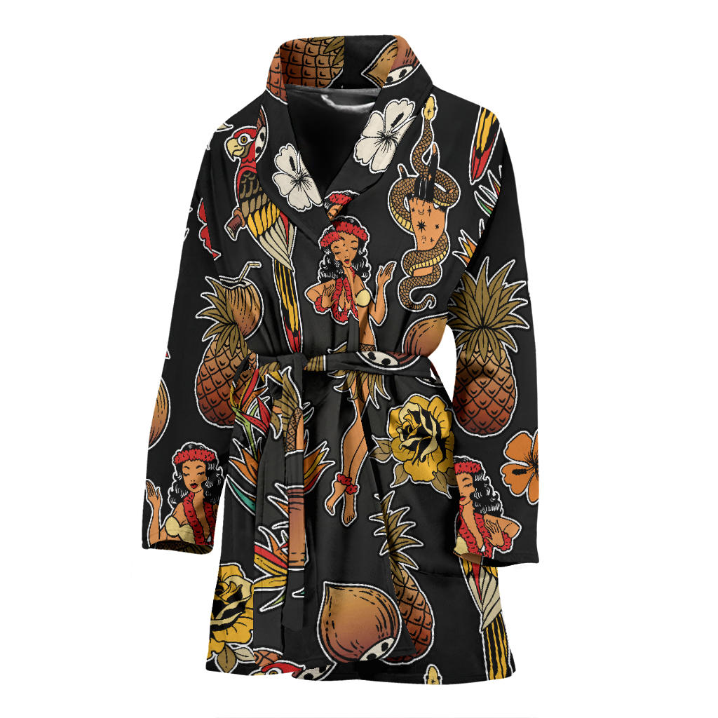 Hula Dancers Hawaiian Style Pattern Print Design 02 Women Bathrobe