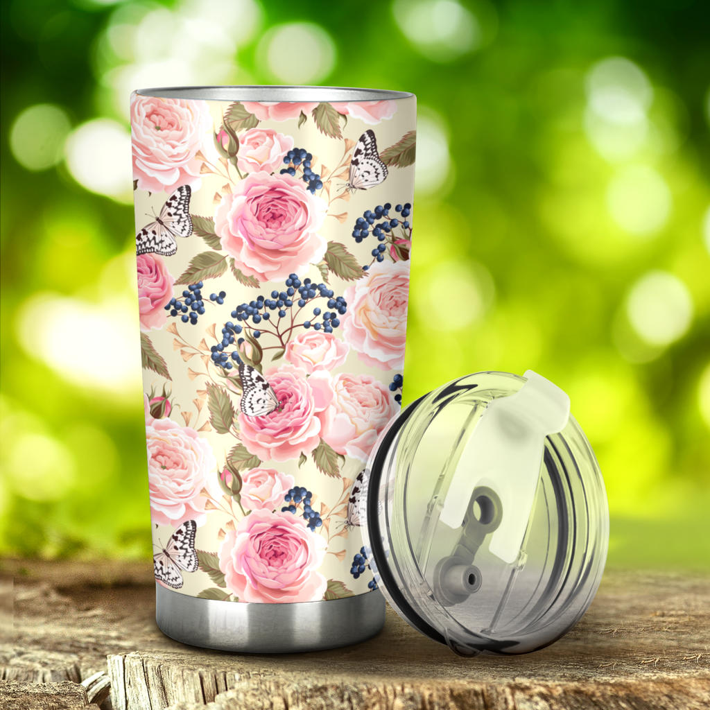 Floral Pink Butterfly Print Tumbler