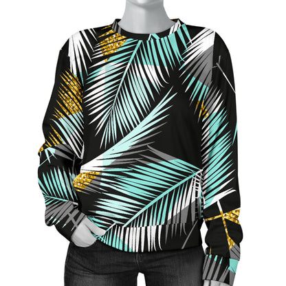 Gold Glitter Cyan Tropical Palm Leaves Women Long Sleeve Sweatshirt