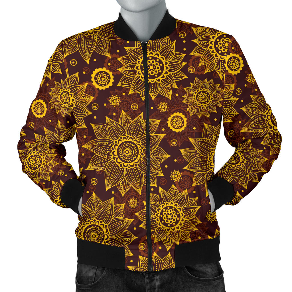 Gold Sunflower Hand Drawn Print Men Bomber Jacket
