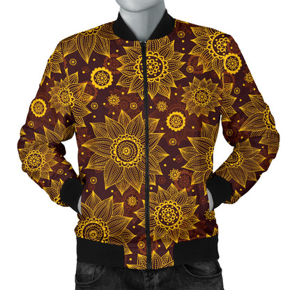 Gold Sunflower Hand Drawn Print Men Bomber Jacket