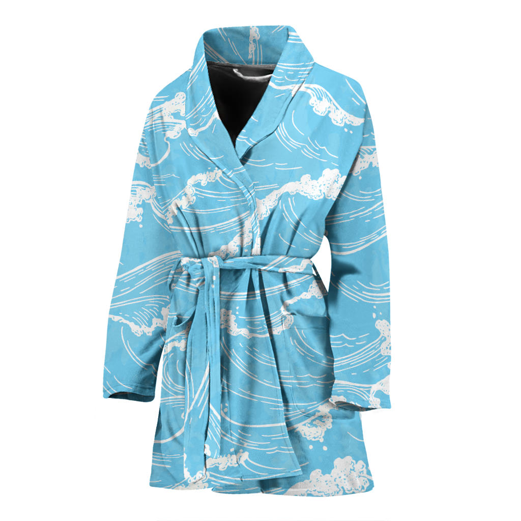 Ocean Wave Pattern Print Design A01 Women Bathrobe