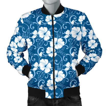 Hibiscus Blue Flower Hawaiian Print Men Bomber Jacket