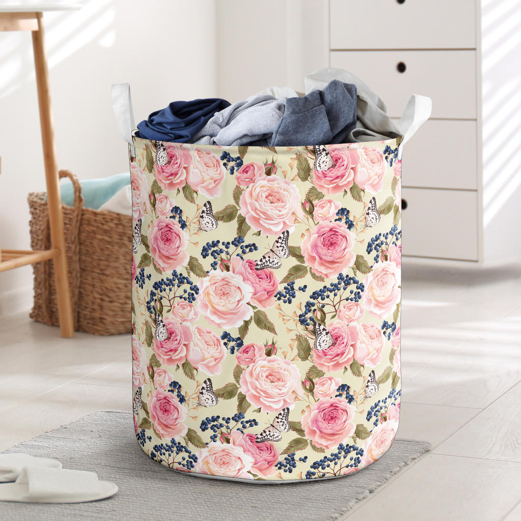 Floral Pink Butterfly Print Laundry Basket