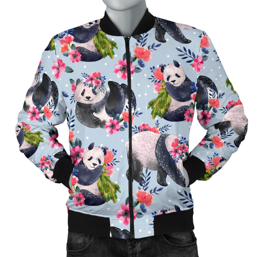 Panda Bear Flower Design Themed Print Men Bomber Jacket
