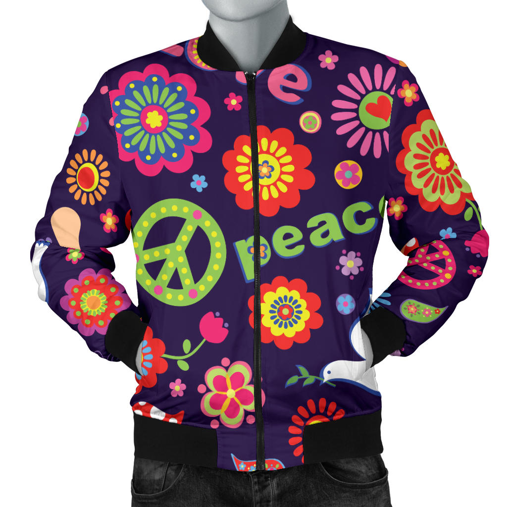Flower Power Peace Design Print Men Bomber Jacket