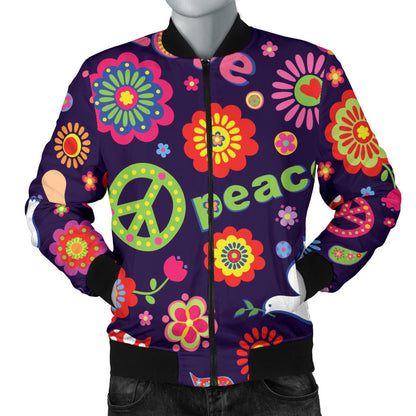 Flower Power Peace Design Print Men Bomber Jacket