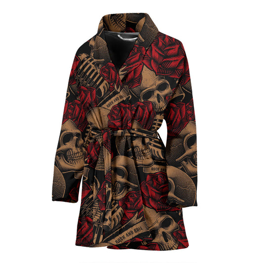Microphone Skull Rose Pattern Print Design 02 Women Bathrobe
